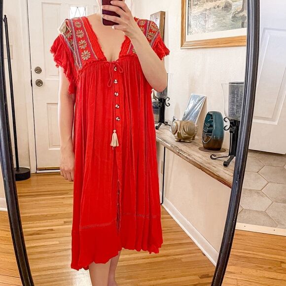 Free People Bali Will Wait For You Midi Dress Red S - Picture 1 of 8